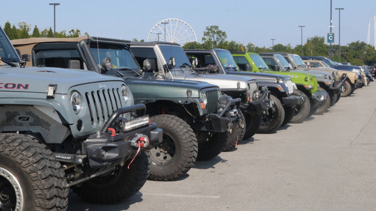 Jeep Invasion 2025 Jeeps parked in parking lot