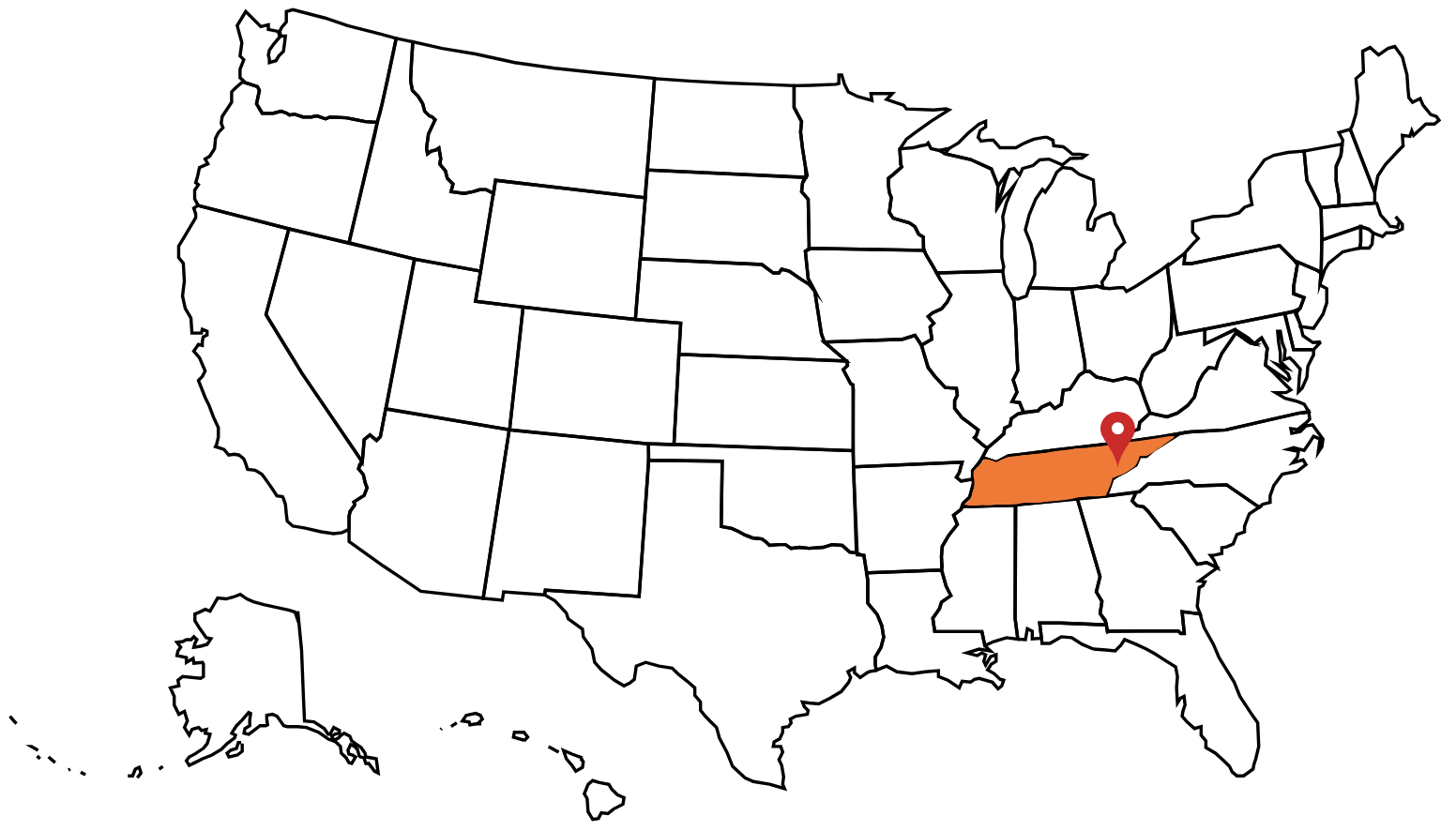 Map of the United States with Tennessee highlighted in orange and a red dot indicating a location.