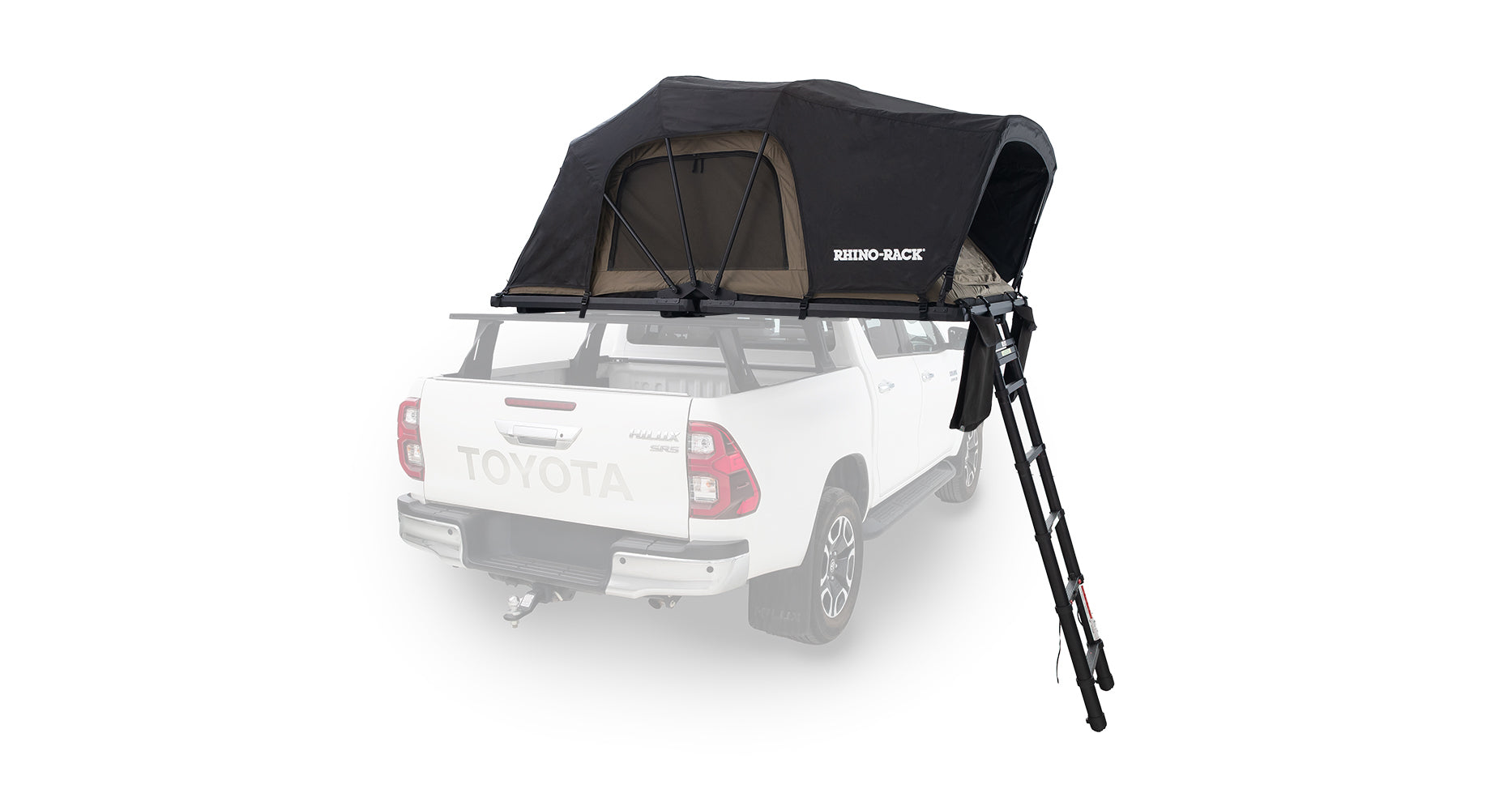 Black truck bed tent attached to a white Toyota truck on a white background