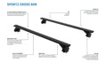 Diagram of Sportz cross bars with specifications and features on a white background