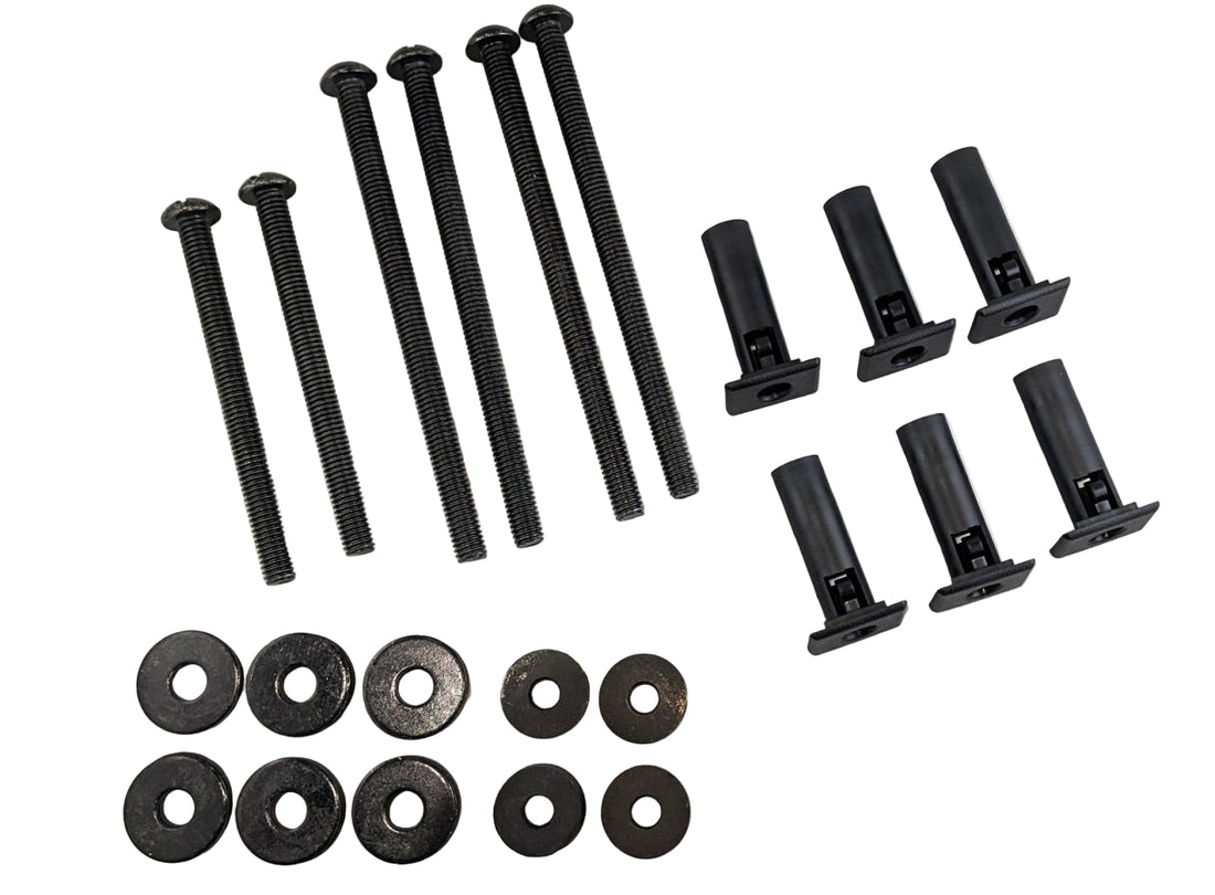 Half door install kit for TJ Jeep Wrangler with 6 6" bolts, 2 4" bolts, 4 rubber washers, 6 steel washers with foam backing, and 6 door inserts
