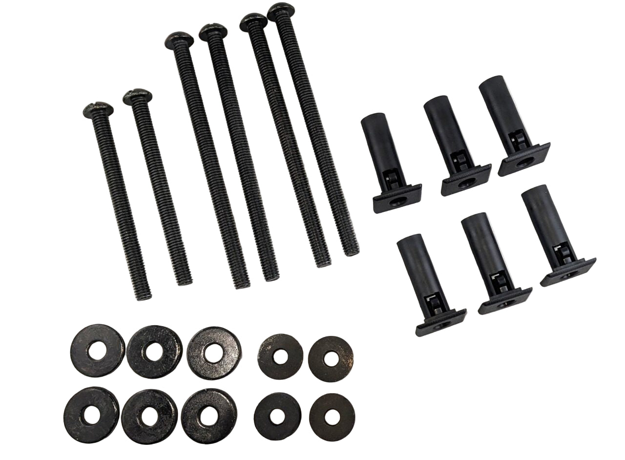 Half door install kit for TJ Jeep Wrangler with 6 6" bolts, 2 4" bolts, 4 rubber washers, 6 steel washers with foam backing, and 6 door inserts