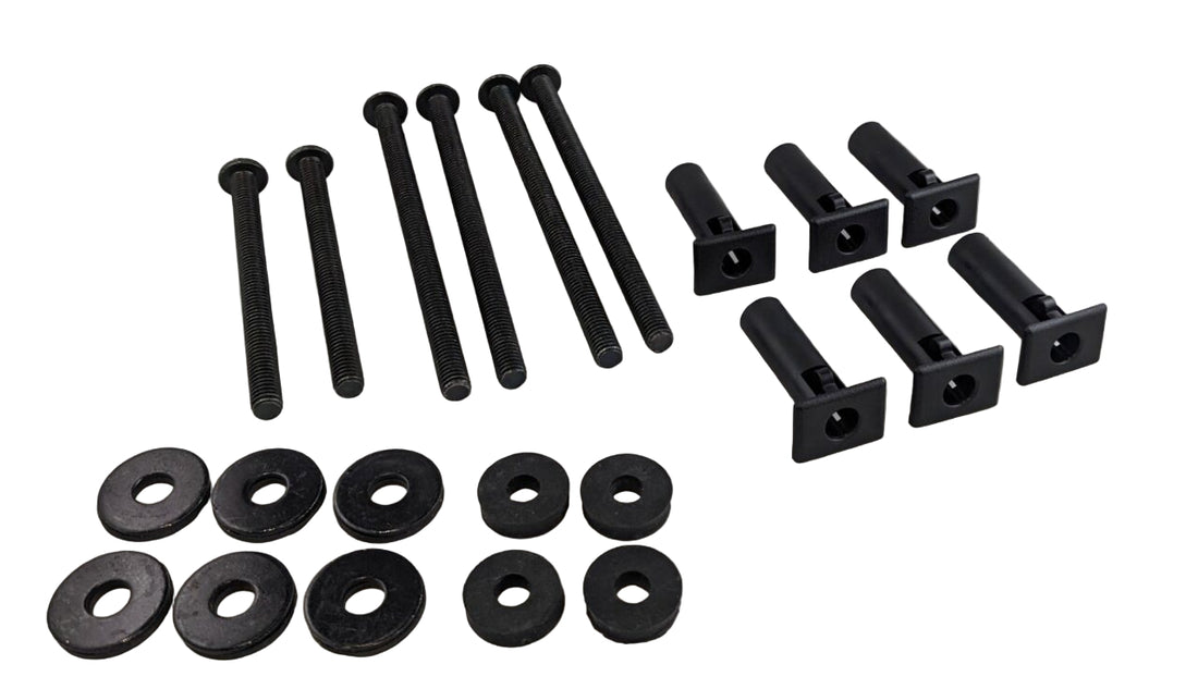 Half door install kit for TJ Jeep Wrangler with 6 6" bolts, 2 4" bolts, 4 rubber washers, 6 steel washers with foam backing, and 6 door inserts