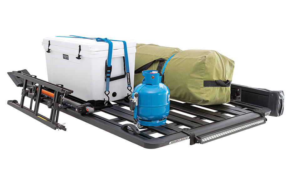 Rack system with a cooler, bag, and propane tank on a white background