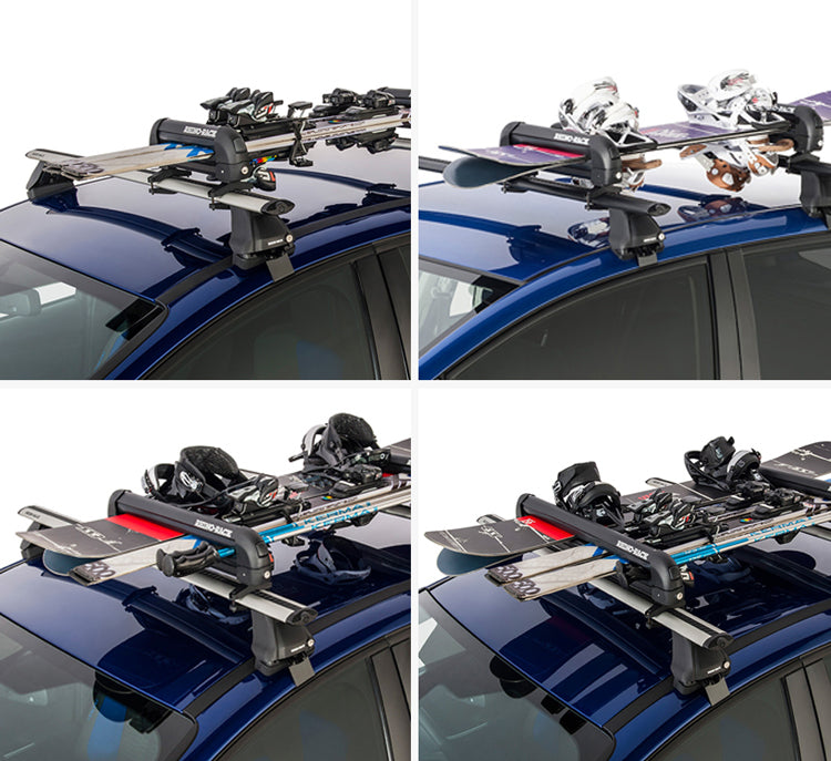 Four views of a ski and snowboard carrier on a car roof.