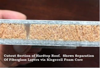 cutout section of hardtop roof with seperation of fiberglass layers via klegecell foam core